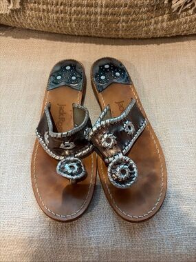 Jack Rogers whipstitched silver  bronze metallic Leather Sandals flats thong 8